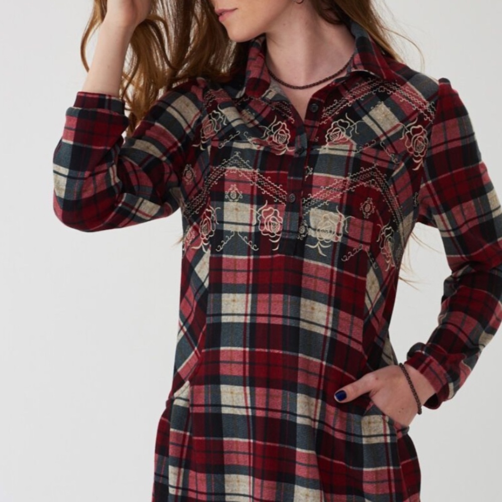 Montanaco Burgundy Plaid cotton tunic XS  M L XL